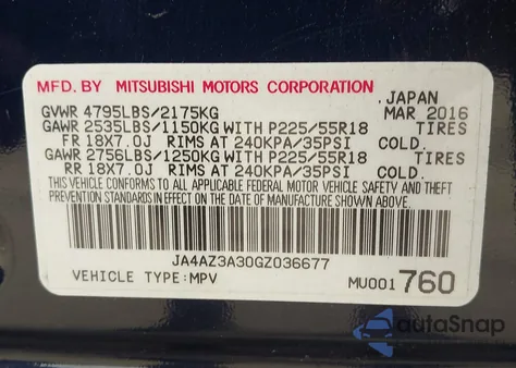 2016 Mitsubishi Outlander Sel z USA, uszkodzony, nr VIN JA4AZ3A30GZ036677